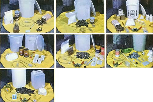 The various components belonging to the seven selected beer kits, which include (TOP ROW) Great Fermentations, Continental Products, Specialty Products (MIDDLE ROW) The Brick Store, Wine and Brew hobby, Bierhaus International (BOTTOM ROW) Duarte Imports